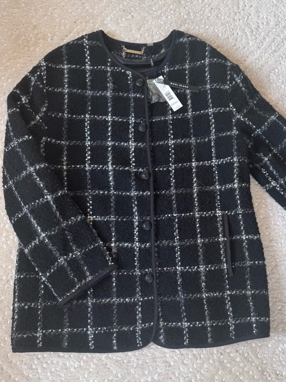 T. Tahari Lady Jacket Black & Ivory Windowpane Bouclé Tweed NWT Size 10